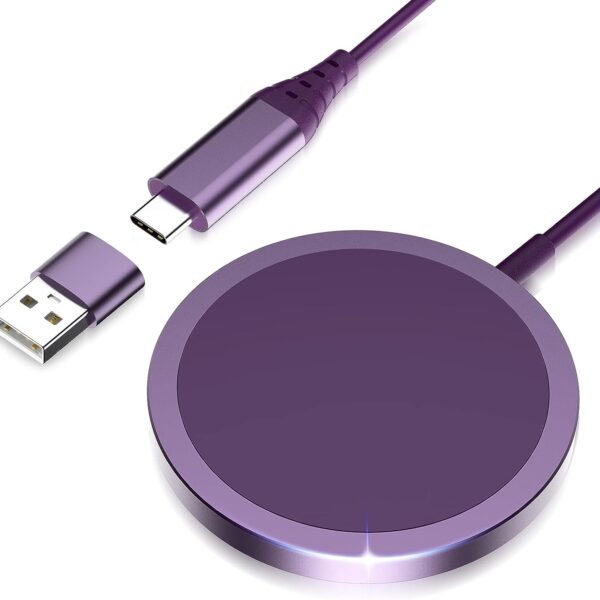 Compatible with MagSafe Charger for iPhone 15 - Mag Safe Magnetic Wireless Charger Pad for iPhone 15/15 Pro/15 Plus/15 Pro Max/14/14 Pro/14 Plus/14 Pro Max/13/12, [1 x USB C to USB Adapter],Purple