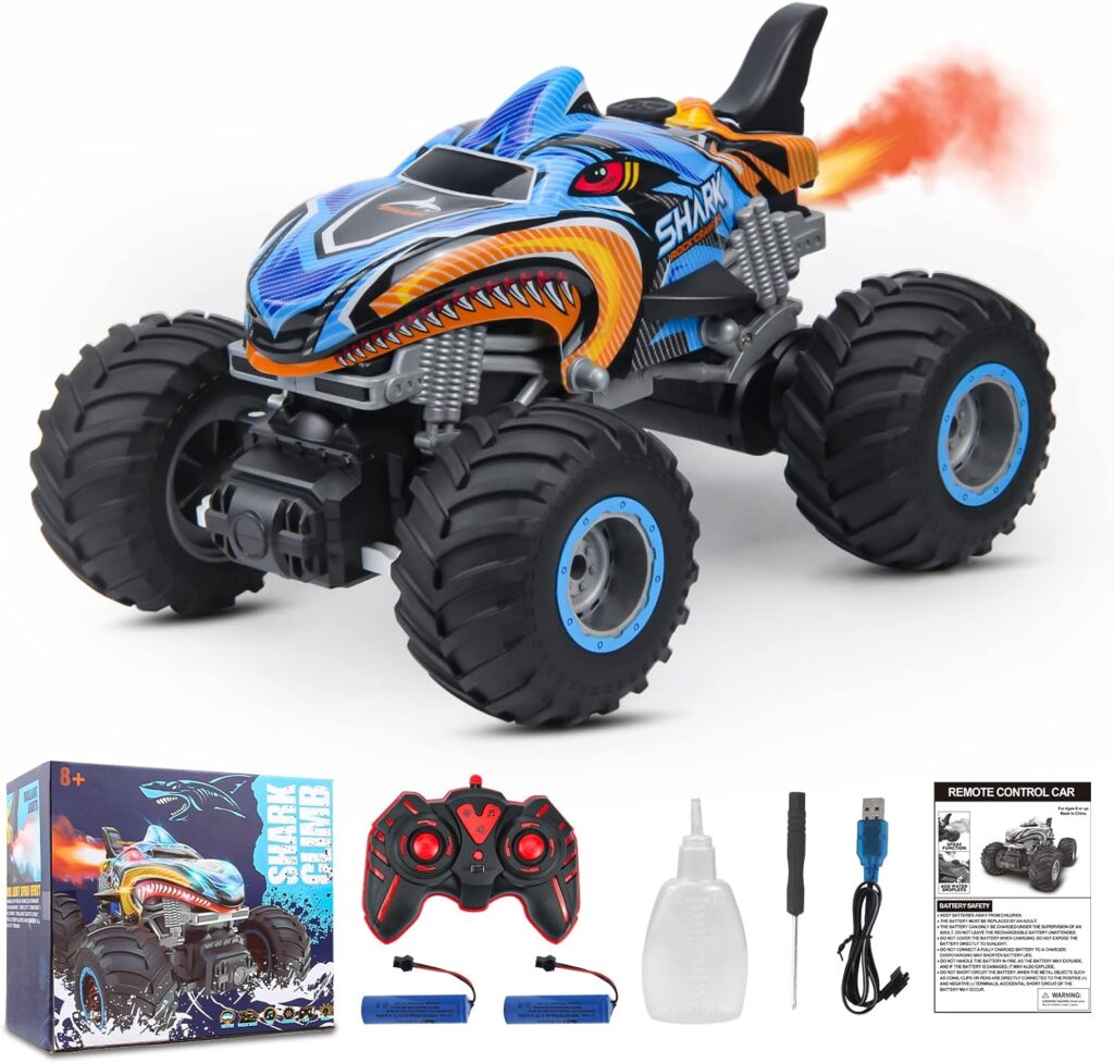 BESWIT 1:16, 2.4 GHz All Terrain Monster Truck, RC Truck 2 Rechargeable Batteries for 80 Mins Play, Spray Remote Control Car for Boys 8-12 and Girls or Adult, MK724A