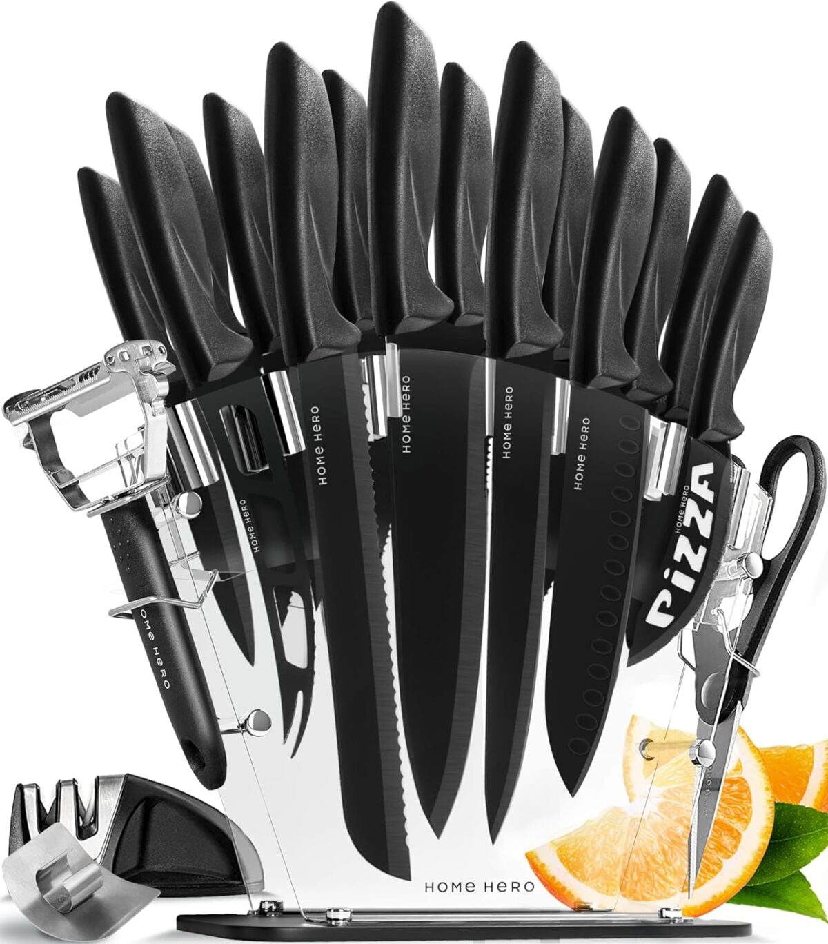 Home Hero Kitchen Knife Set, Chef Knife & Kitchen Sashimi Knives - Ultra-Sharp High Carbon Stainless Steel Knives with Ergonomic Handles (20 Pcs - Black)